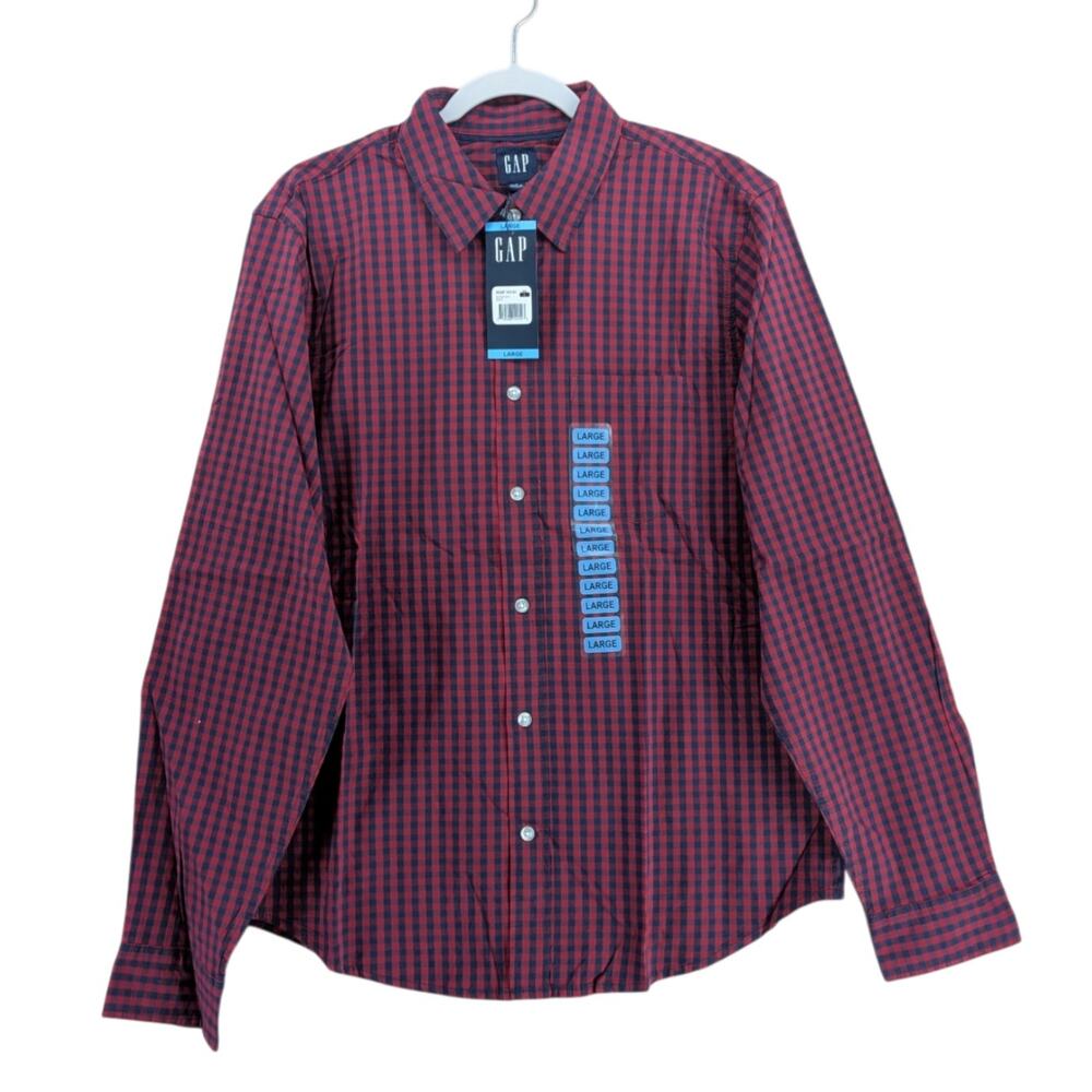 Gap Poplin Shirt Mens Large Merlot Navy Plaid Long Sleeve Button Down Checkered